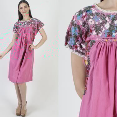 Pink Oaxacan Dress, Mexican Floral Embroidery, San Antonio Cover Up, Traditional South American 