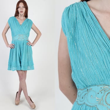80s Teal Grecian Wrap Dress / Thin Turquoise Cotton Gauze Dress / Sheer Floral Embroidered Waist / Toga Goddess Deep V Neck Mini Dress 