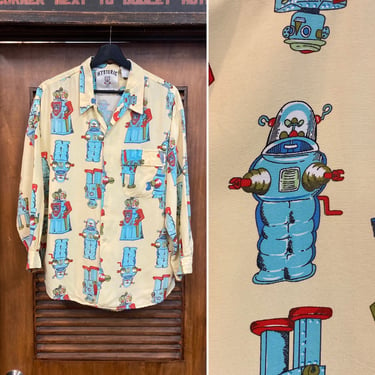 Vintage 1980’s Atomic Robot Cartoon New Wave Rayon Shirt Made in France, 80’s Loop Collar Shirt, Vintage Clothing 