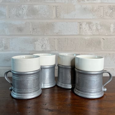 Vintage Set of 4 Wilton Armetale RWP Pewter Coffee Cups with Ceramic Liner, 1970s Satin Finish 