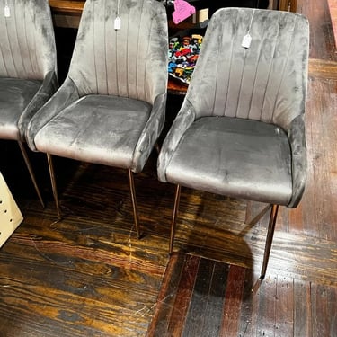 Plush velvety gray chairs. 4 available, 19” x 19” x 33” seat height 18” 