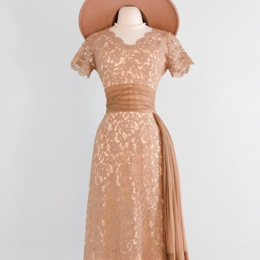 Vintage 1950's Nude Beige Lace Cocktail Dress by Norman / S