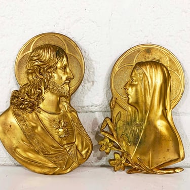 Antique Jesus Mary Wall Hanging Set of 2 Pair Two 1920s USA 20s Plaques Religious Spirituality Madonna Christian Cast Metal 