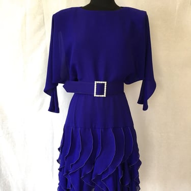 1980s Purple Ruffle Dress with Dolman Sleeves 