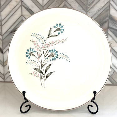 Set of 5, Taylor Smith Taylor Versatile Dinner Plates, Blue Carnation Plate, Pink Blue Flower, Flowers, Silver Trim, Mid Century, Dinnerware 