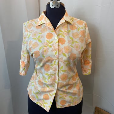 1960s Vintage Floral Camp Shirt Pink Orange White Big Ditsy Floral 38 L 