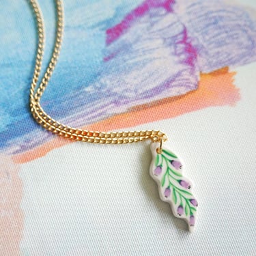 Wildflower Ceramic Charm Necklace, Hand Painted Necklace, Purple Flower Charm, Porcelain Boho Jewelry, Mini Painting, Folk Art Ceramics 