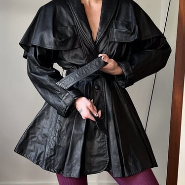 80s Belted Black Leather Jacket | S-M