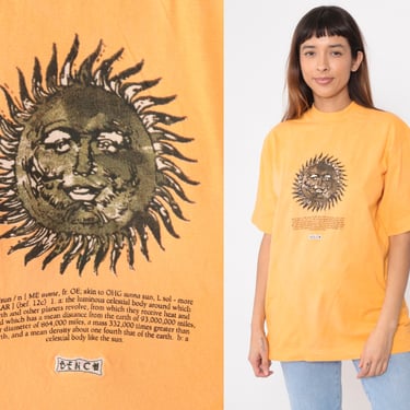 90s Sun Shirt Graphic Educational Facts Solar System Top Celestial Body Orange Crewneck T Shirt 1990s Vintage Cotton Medium 