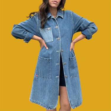 Vintage Denim Duster Retro 1990s Pierre Cardin + Paris + Chore Coat + Barn Jacket + Long + Lightweight + No Size Tag + Womens Apparel 