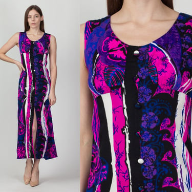 60s 70s Hawaiian Pe'Do'Ras Maxi Dress - Extra Small | Vintage Psychedelic Colorful Sleeveless Front Slit Sundress 
