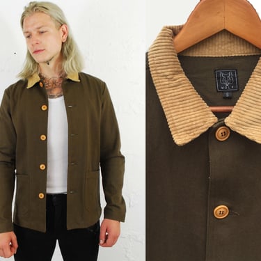 60s Style French Olive Green Corduroy & Cotton Twill Canvas Chore Jacket - Various Sizes 