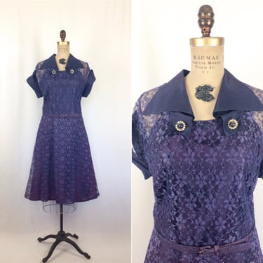 Vintage 40s dress | Vintage dark purple lace dress | 1940s satin lace cocktail dress 