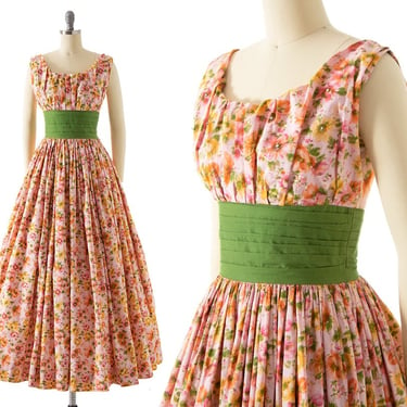 Vintage 1950s Sundress | 50s Pink Floral Printed Cotton Rhinestones Green Cummerbund Waist Full Skirt Maxi Full Length Day Dress (x-small) 