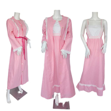 Sears 1970's Pink White Gingham 2 Pc Sleepwear Robe Lingerie Set I Sz Lrg 