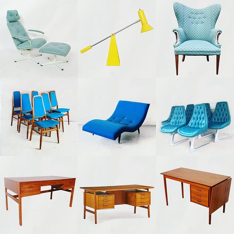 Montage of midcentury modern furniture in the form of a sunny beach scene
