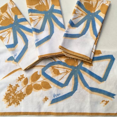 70's Vintage Vera Neumann Cloth Napkins, Floral Butterflies And Bow, Blue And Mustard, Set Of 4 