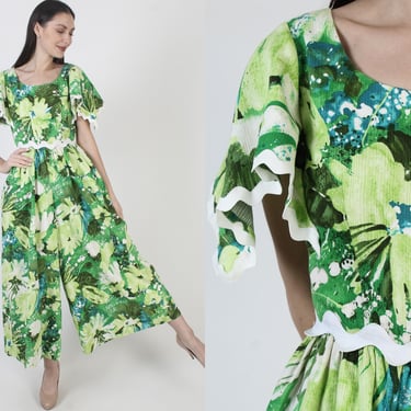 Hawaiian Bell Bottom Jumpsuit, Tropical Floral Print, Wide Leg Playsuit, Vintage Green Palazzo Pants 