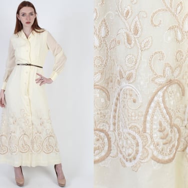 70s Paisley Embroidered Long Dress, Ivory Polka Dot Bridal Day Outfit, Button Up Party Lounge Maxi 