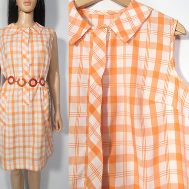 Vintage 60s Orange Sherbet Plaid Picnic Dress House Dress Size L 