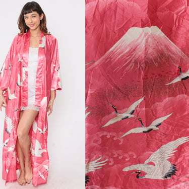 Pink Kimono 90s Long Robe Mountain Crane Bird Open Front Maxi Jacket Japanese Full Length Asian House Coat Vintage 1990s Small Medium Large 