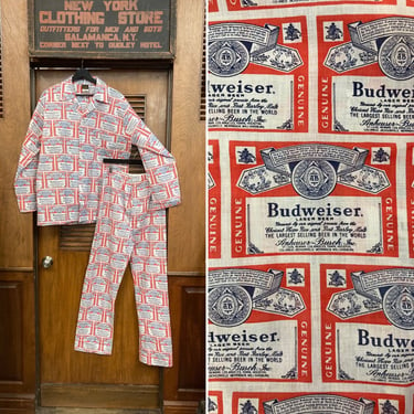 Vintage 1960’s Deadstock Budweiser Beer Pop Art Two Piece Pajama Set Shirt & Pants, Novelty Print, Vintage Two Piece, Budweiser, Beer 