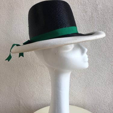 Vintage 1970s sailor brim style Black straw hat with green ribbon white brim by Patrice Original sz 22” 