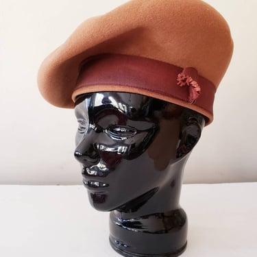 1940s Brown Wool Beret Hat / 40s Slouch Hat Tam Corset Laces / Grendel 