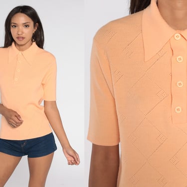 Peach Orange Knit Shirt 70s Polo Shirt Dagger Collar Short Sleeve Sweater Top Cutout Pointelle Seventies Vintage 1970s Acrylic Large L 