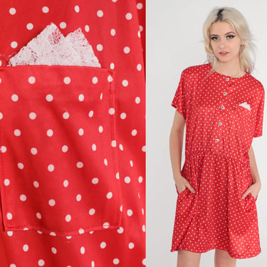 Polka Dot Dress 80s Red Dress Button Up High Waisted Mini Dress ShirtDress 1980s Short Sleeve Hipster Vintage White Large Petite 