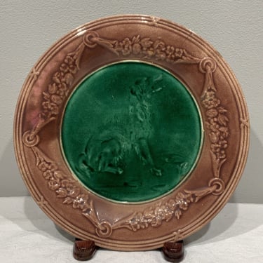 Antique Griffen Smith & Hill Majolica Dog Portrait Plate, 1890s Majolica plate with green and brown, collectible antique plate, wall charger 