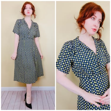 1940s Vintage Cold Rayon Lattice Work Shoulder Dress / 40s Navy Blue and Yellow Dot Shirt Waist Day Dress / XL 