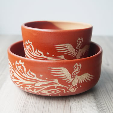 Phoenix Pottery Bowl - fire red flaming mythological bird dishware for ramen, cereal, ice cream 