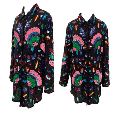 Vtg Vintage 1980s 80s Designer Judith Ann Bright Floral Sequin Black Duster Top 