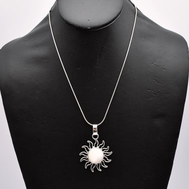 80's Mother of Pearl sterling Modernist sun pendant on Dyadema 925 silver snake chain necklace 