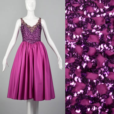 Small 1980s Fuchsia Dress Sequined Bodice Taffeta Skirt Princess Waist Prom Formal 