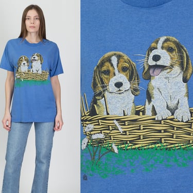 90s Puppy T Shirt - Men's Medium, Women's Large | Vintage Screen Stars Unisex Blue Graphic Dog Tee 