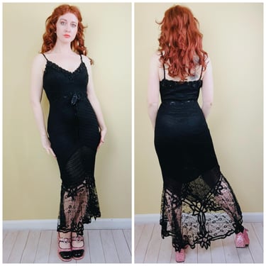 Y2K Janine of London Insane Black Crochet Dress / Vintage Beaded Ribbon Vamp Mermaid Lace Hem Gown / Small - Medium 