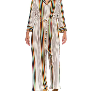 1970S White Multicolored Polyester Stripe Jumpsuit With Drawstring 