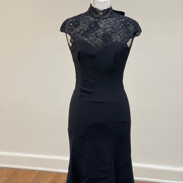 Vintage 1990s 2000s 90s Beaded Dress Black Backless Cutout Sequin Tie Special Occasion Party Cocktail Wedding Formal Escada Mermaid 