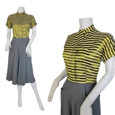 1950's Chartreuse Green Stripe Grey Wool A Line Skirt Dress I Sz Sm 