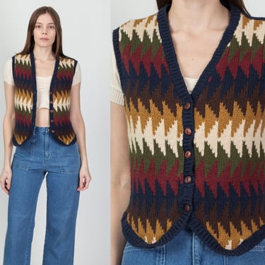 90s Lizwear Striped Sweater Vest - Medium | Vintage Button Up Sleeveless Knit Top 