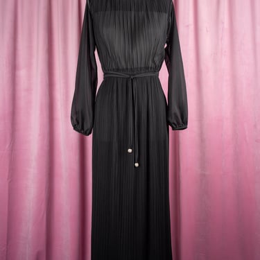 Vintage 1970s Hal Ferman Accordion Micro-Pleat Sheer Full Length Dress with Rhinestone Trim and Belt Baubles 