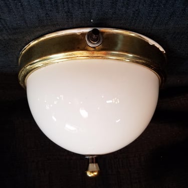 Vintage Brass Single Bulb Flush Mount Ceiling Light with Milk Glass Dome Shade