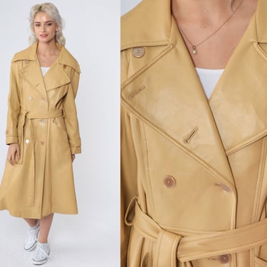 Faux Leather Trench Coat 70s Camel Vinyl Jacket Belted Long Button Up Trenchcoat Notched Collar Boho Seventies Vintage 1970s Medium 