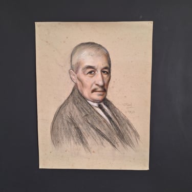 Very large charcoal portrait drawing of a man 1930, original portrait of a man on vintage pencil drawing paper, charcoal on paper, 