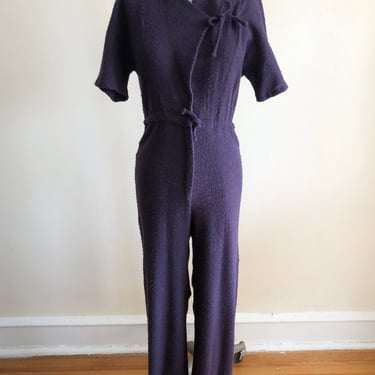 Short-Sleeved Purple Wool Jumpsuit with Hood - 1970s 