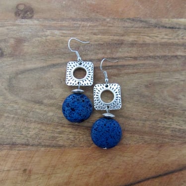 Blue lava rock and silver dangle earrings 