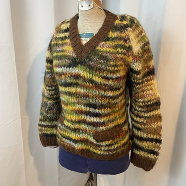 60s Mohair Sweater with Pockets Camouflage Camo Green Brown 34 M 