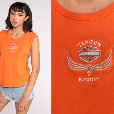 Harley Davidson Shirt 90s Cancun Mexico Shirt Motorcycle Tank Top 00s Biker TShirt Vintage Orange Medium Large 